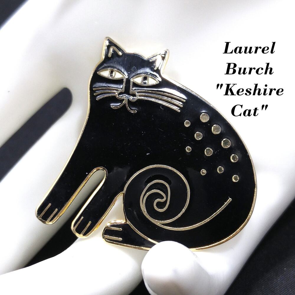 Laurel Burch Keshire Cat Brooch Black Enamel Gold Tone Vintage 1980s